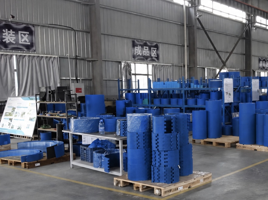 Finished blue polyurethane anvil covers in the JUNSHIDA factory