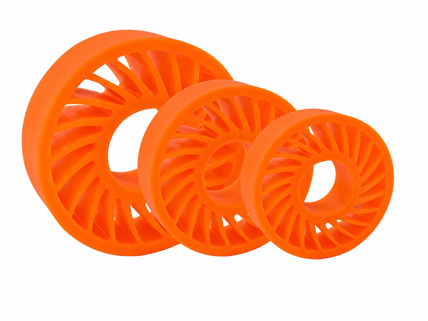 Orange polyurethane sun wheels in three sizes