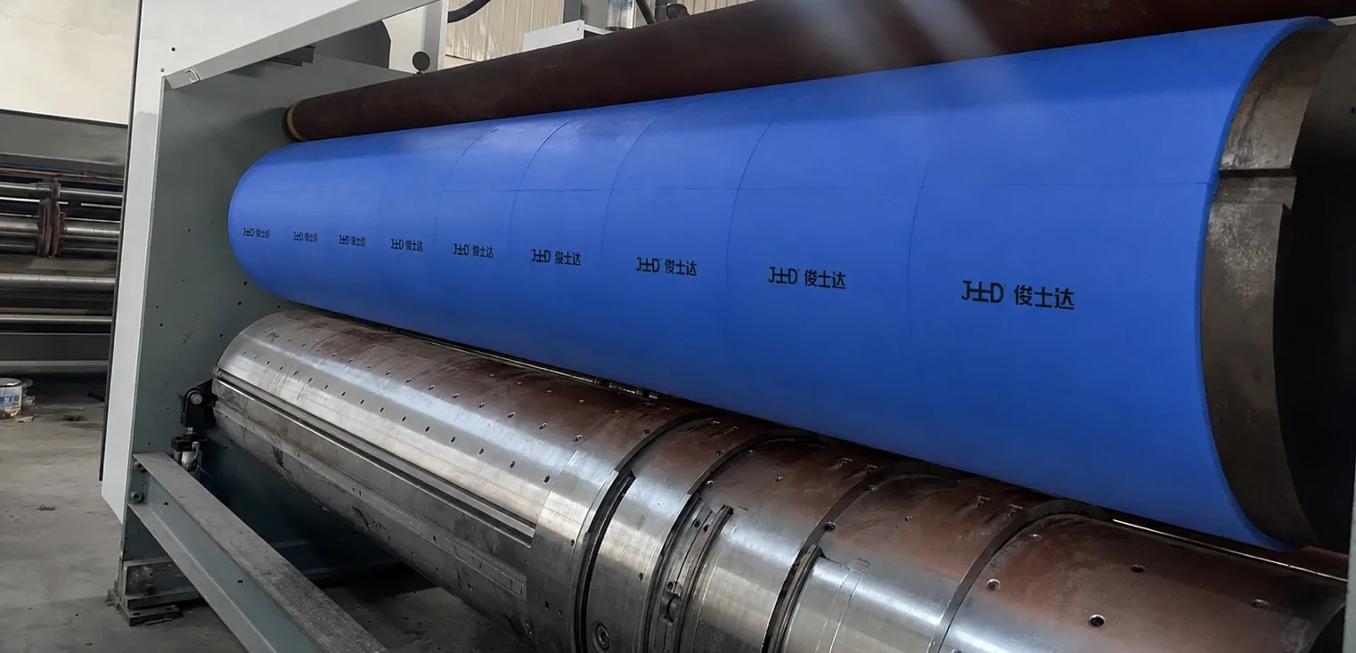 Blue TDI polyurethane anvil covers installed on rotary die-cutting equipment